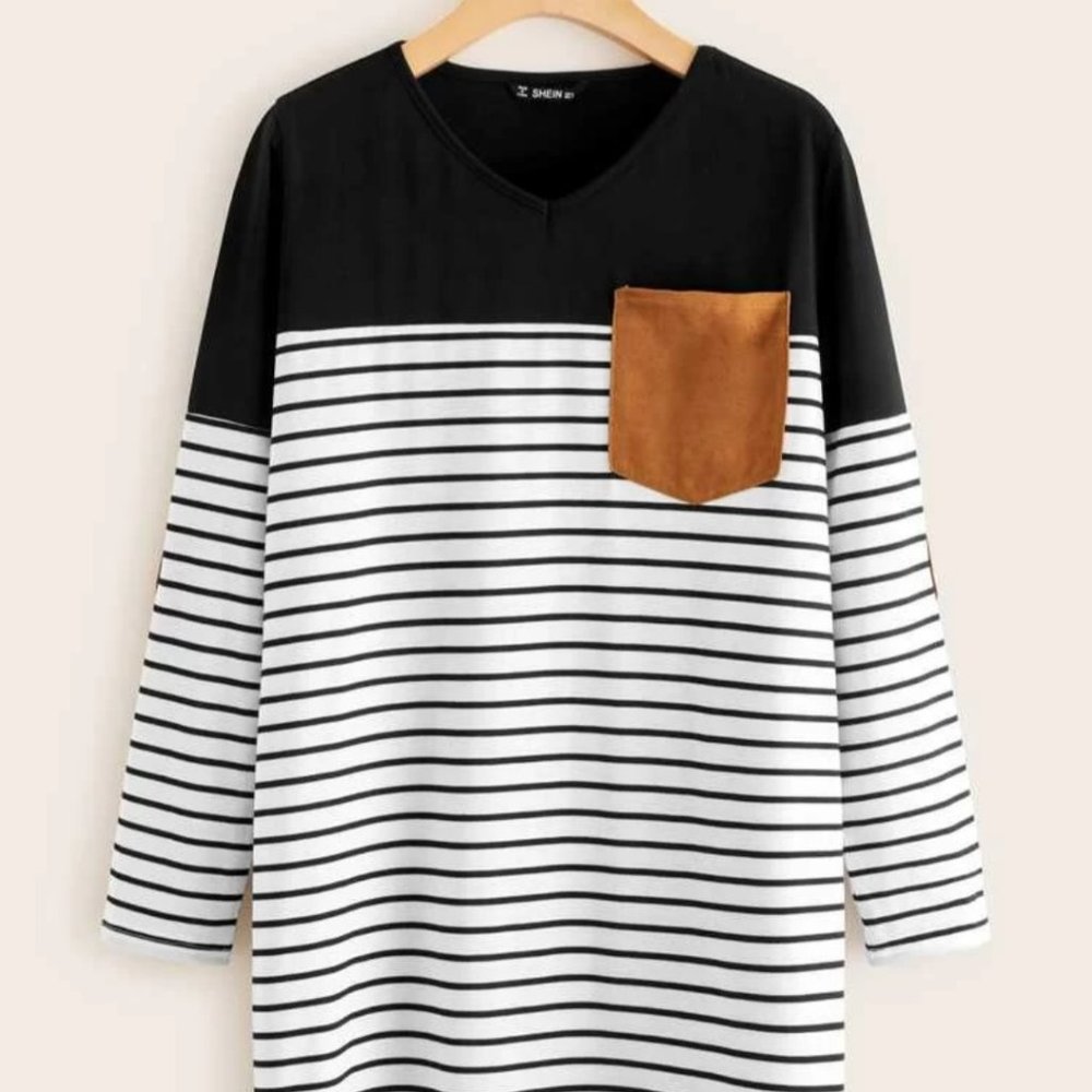 Suede Elbow Patched Striped tee Dress